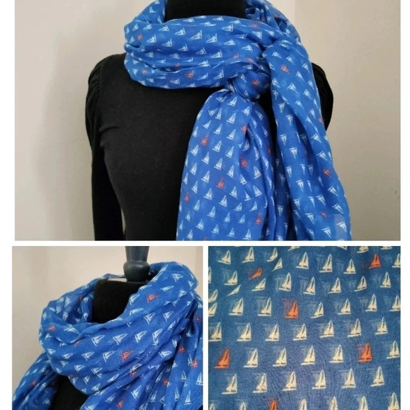 Royal blue White Rust Multifunctional Wrap Scarf Nautical Sailboat - Picture 1 of 8